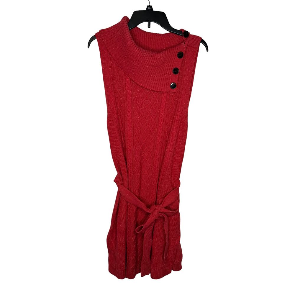 Talbots Women Sweater Dress Midi Sleeveless Cowl Neck Button Tie Waist Red Large